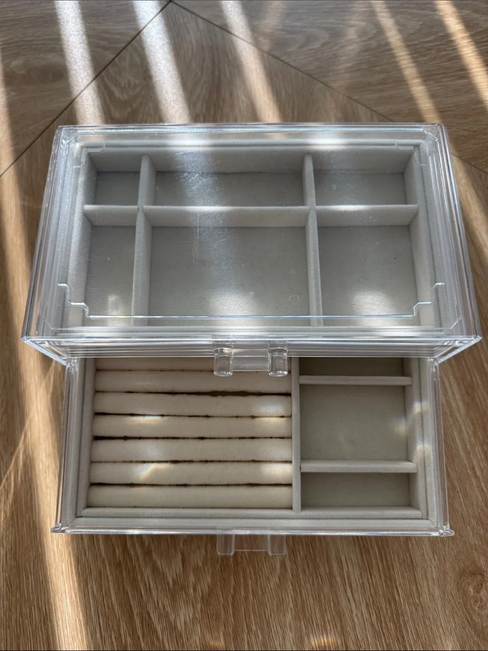 Clear Acrylic 3-Drawer Organizer with Taupe Drawer Liners